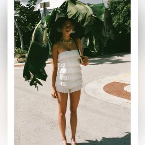 Red Strapless Ruffle Romper (Urban Outfitters)